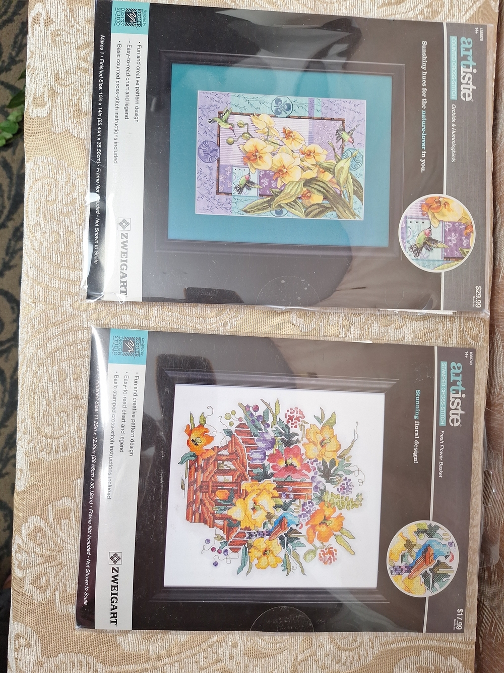 2 Kits Floral Cross Stitch, Otchids & Hummingbirds And Fresh Frower Basket